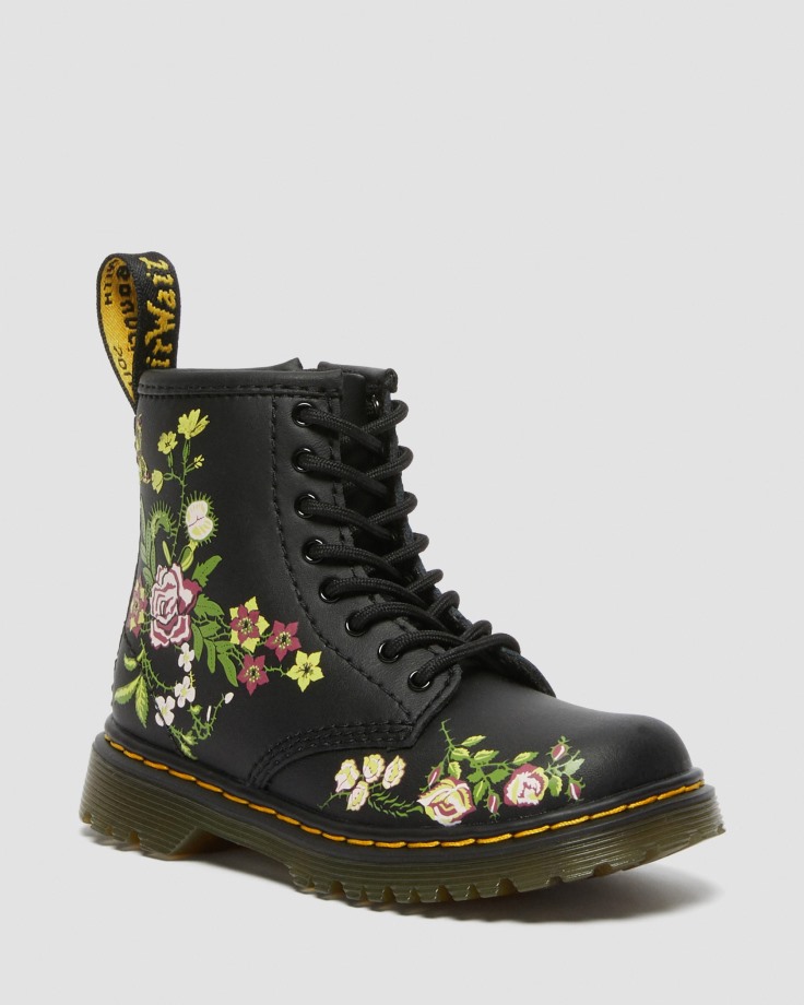 Black Dr.Martens Ireland Toddler 1460 Floral Leather Lace Up Boots