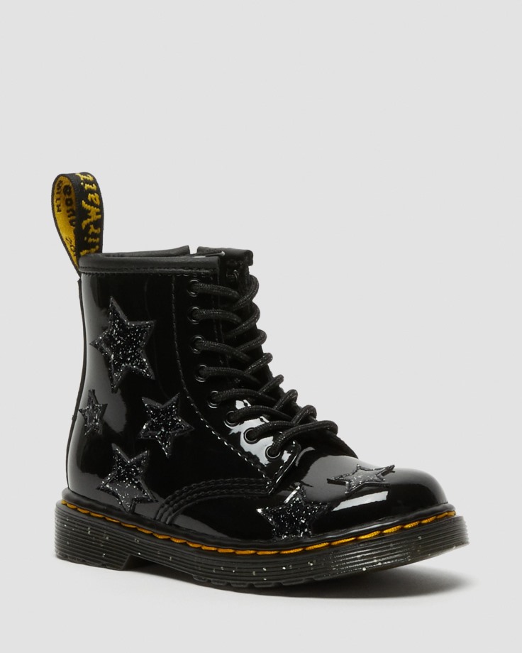 Black Dr.Martens Ireland Toddler 1460 Glitter Star Patent Lace Up Boots