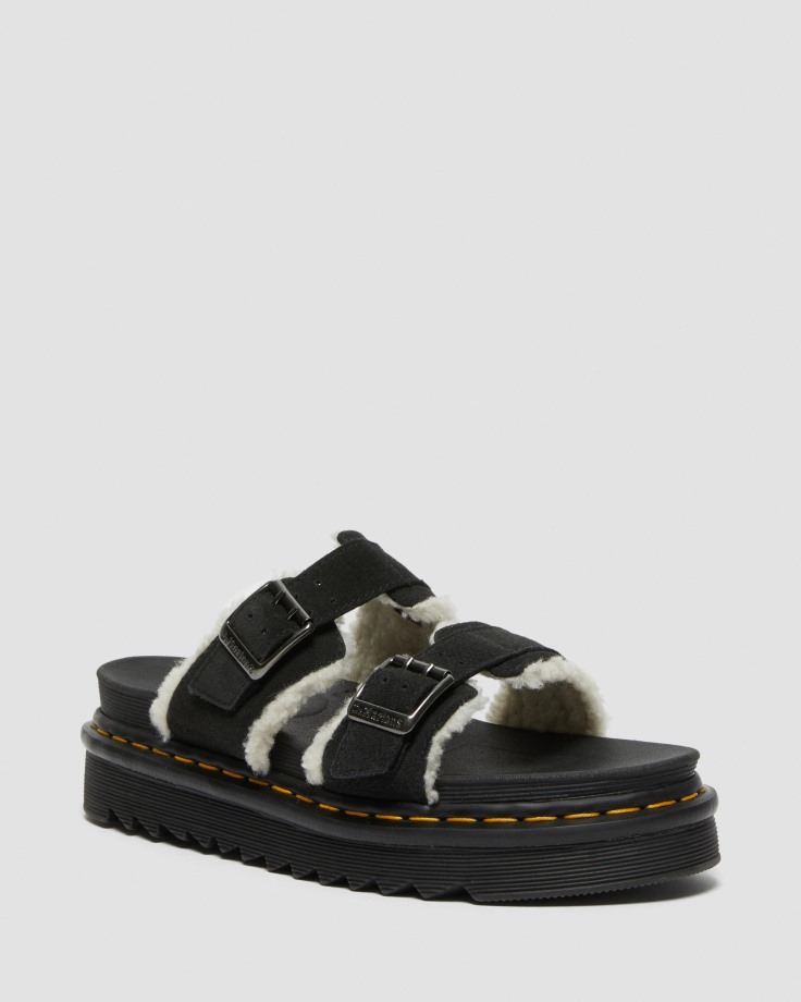 Dr.Martens Ireland Myles Suede Fur-Lined Buckle Slide Sandals Black